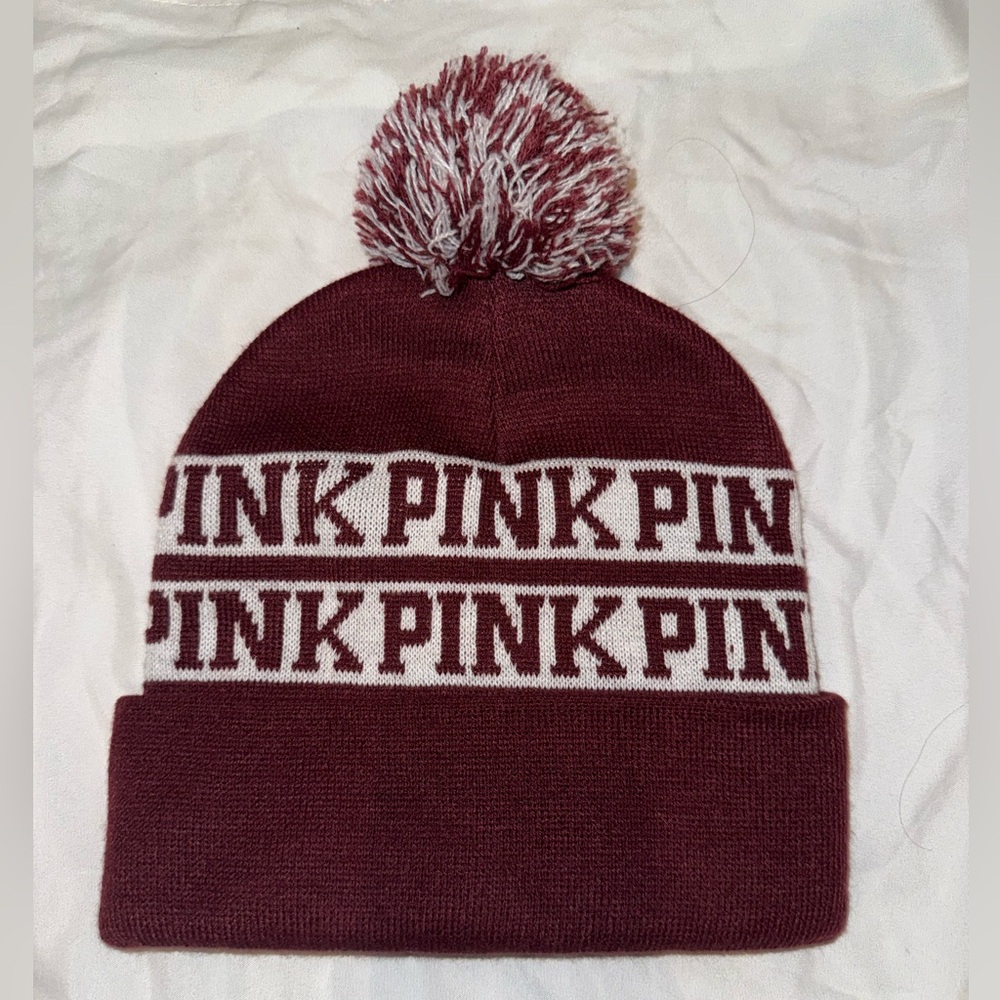 PINK Victoria's Secret Maroon & White Pom Knit Beanie